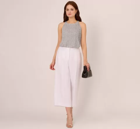 Adrianna Papell Sleeveless Printed Trapeze Top With Crinkle Details In Ivory Navy Ditsy Leafy Vine IVORY-NAVYDITSYLEAFYVINE Discount