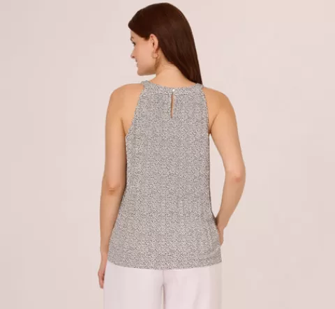 Adrianna Papell Sleeveless Printed Trapeze Top With Crinkle Details In Ivory Navy Ditsy Leafy Vine IVORY-NAVYDITSYLEAFYVINE Discount