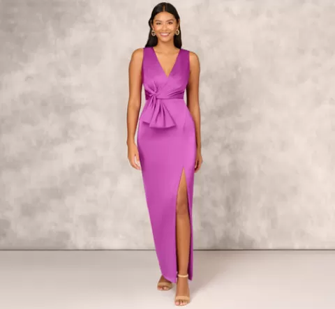 Adrianna Papell Sleeveless Satin Crepe Column Gown With Bow Waist In Wild Orchid WILDORCHID Cheap