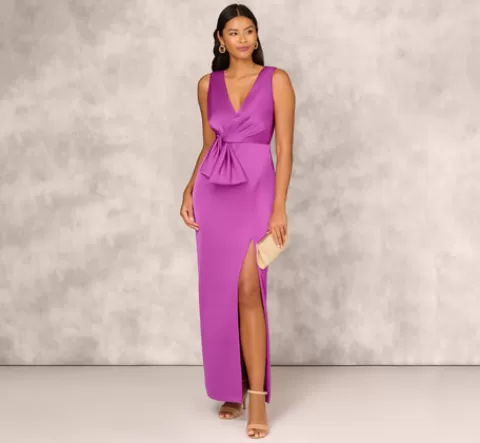 Adrianna Papell Sleeveless Satin Crepe Column Gown With Bow Waist In Wild Orchid WILDORCHID Cheap