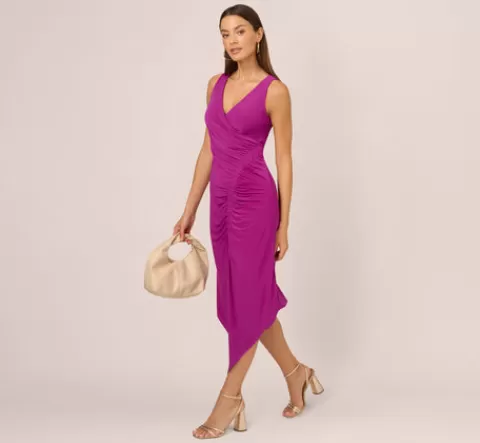 Adrianna Papell Sleeveless Shirred Jersey Midi Dress With Asymmetrical Hem In Wild Magenta WILDMAGENTA Clearance