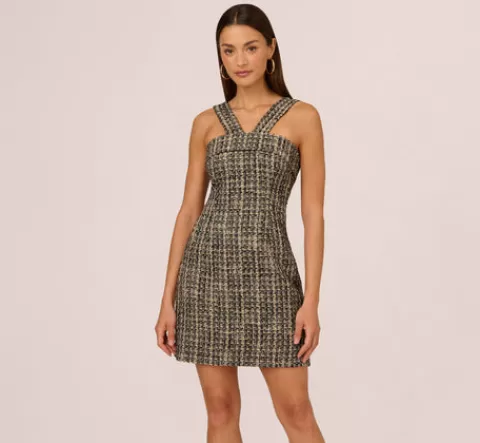 Adrianna Papell Sleeveless Tweed Mini Dress With Halter Straps In Black Ivory BLACK-IVORY Flash Sale