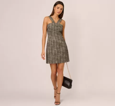 Adrianna Papell Sleeveless Tweed Mini Dress With Halter Straps In Black Ivory BLACK-IVORY Flash Sale