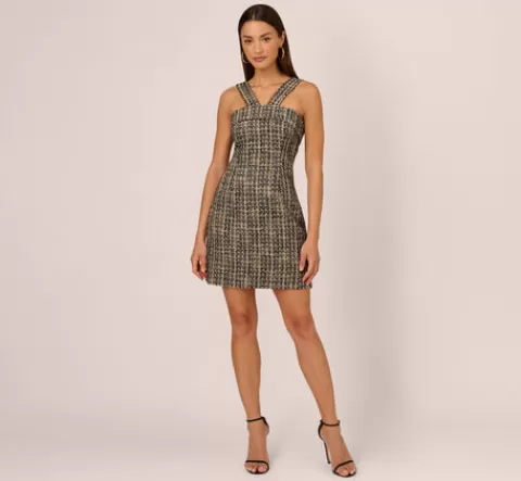 Adrianna Papell Sleeveless Tweed Mini Dress With Halter Straps In Black Ivory BLACK-IVORY Flash Sale