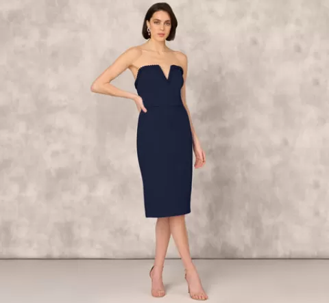 Adrianna Papell Strapless Bonded Crepe Midi Dress With Beaded Notch Neckline In TWILIGHT New