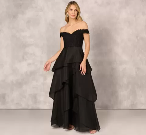 Adrianna Papell Strapless Organza Ball Gown With Off The Shoulder Neckline In BLACK Hot