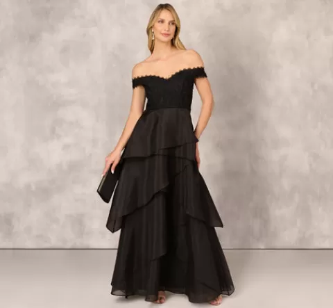 Adrianna Papell Strapless Organza Ball Gown With Off The Shoulder Neckline In BLACK Hot
