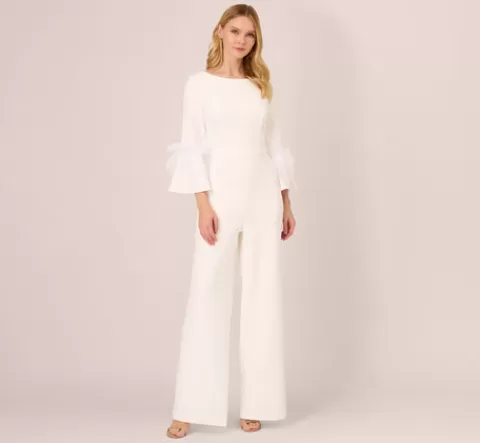 Adrianna Papell Stretch Crepe Jumpsuit With Feather Trim Bell Sleeves In IVORY Sale