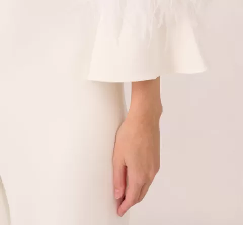 Adrianna Papell Stretch Crepe Jumpsuit With Feather Trim Bell Sleeves In IVORY Sale