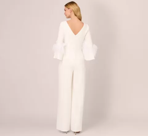 Adrianna Papell Stretch Crepe Jumpsuit With Feather Trim Bell Sleeves In IVORY Sale