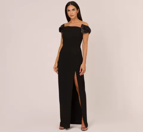 Adrianna Papell Stretch Crepe Off The Shoulder Gown With Sequin Bows In BLACK New