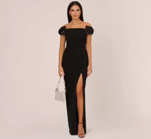 Adrianna Papell Stretch Crepe Off The Shoulder Gown With Sequin Bows In BLACK New