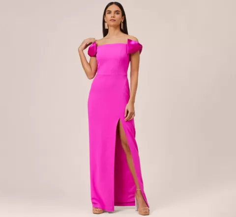 Adrianna Papell Stretch Crepe Off-The-Shoulder Long Column Gown With Bows In Pink Flame PINKFLAME Best