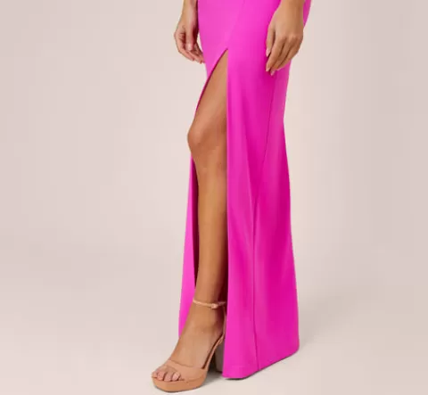 Adrianna Papell Stretch Crepe Off-The-Shoulder Long Column Gown With Bows In Pink Flame PINKFLAME Best
