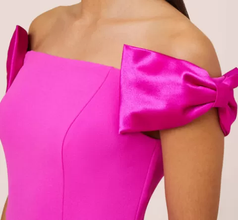 Adrianna Papell Stretch Crepe Off-The-Shoulder Long Column Gown With Bows In Pink Flame PINKFLAME Best