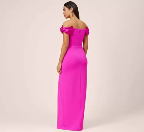Adrianna Papell Stretch Crepe Off-The-Shoulder Long Column Gown With Bows In Pink Flame PINKFLAME Best