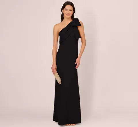 Adrianna Papell Stretch Crepe One Shoulder Mermaid Gown With Bow Accent In BLACK Hot
