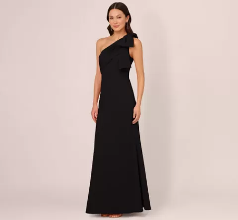 Adrianna Papell Stretch Crepe One Shoulder Mermaid Gown With Bow Accent In BLACK Hot