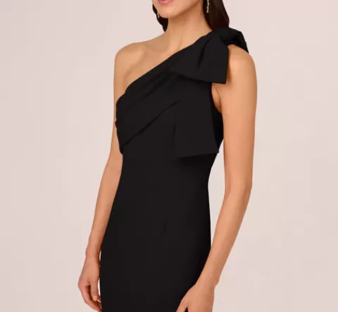 Adrianna Papell Stretch Crepe One Shoulder Mermaid Gown With Bow Accent In BLACK Hot
