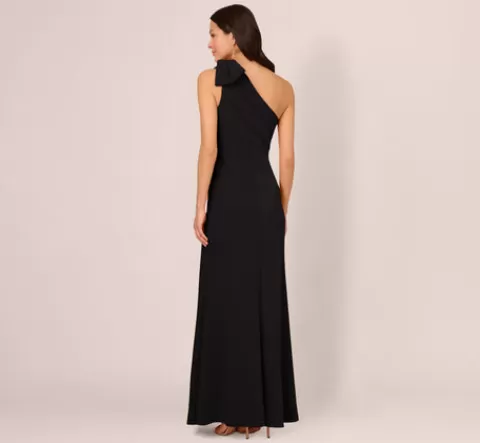 Adrianna Papell Stretch Crepe One Shoulder Mermaid Gown With Bow Accent In BLACK Hot