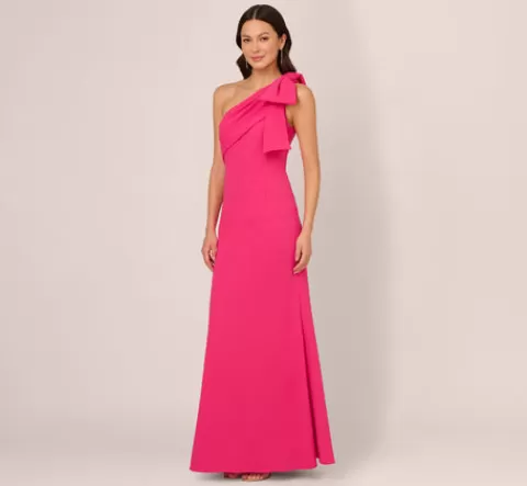 Adrianna Papell Stretch Crepe One Shoulder Mermaid Gown With Bow Accent In Hot Pink HOTPINK Store