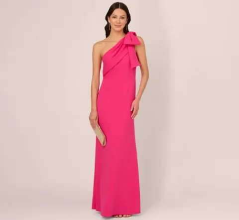 Adrianna Papell Stretch Crepe One Shoulder Mermaid Gown With Bow Accent In Hot Pink HOTPINK Store
