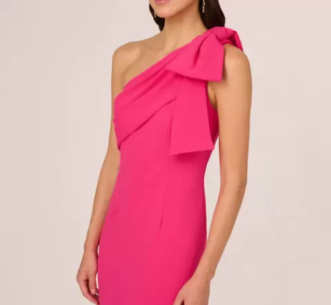 Adrianna Papell Stretch Crepe One Shoulder Mermaid Gown With Bow Accent In Hot Pink HOTPINK Store