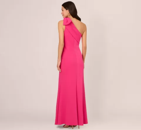 Adrianna Papell Stretch Crepe One Shoulder Mermaid Gown With Bow Accent In Hot Pink HOTPINK Store