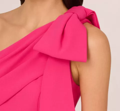 Adrianna Papell Stretch Crepe One Shoulder Mermaid Gown With Bow Accent In Hot Pink HOTPINK Store