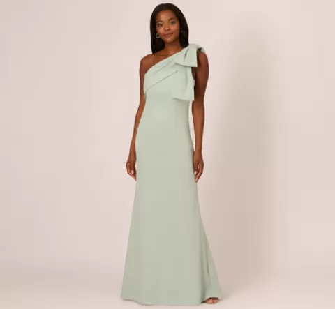 Adrianna Papell Stretch Crepe One Shoulder Mermaid Gown With Bow Accent In Icy Sage ICYSAGE Clearance