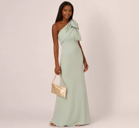 Adrianna Papell Stretch Crepe One Shoulder Mermaid Gown With Bow Accent In Icy Sage ICYSAGE Clearance
