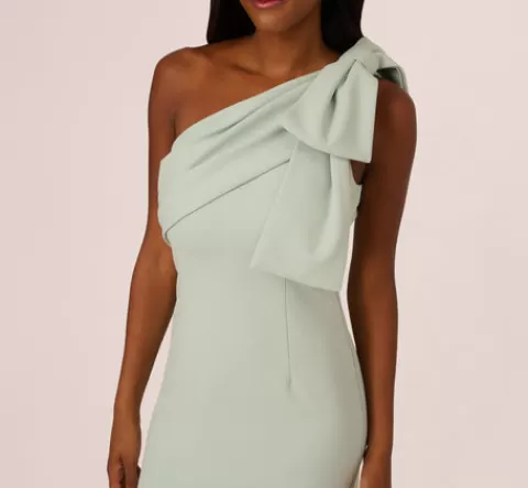 Adrianna Papell Stretch Crepe One Shoulder Mermaid Gown With Bow Accent In Icy Sage ICYSAGE Clearance