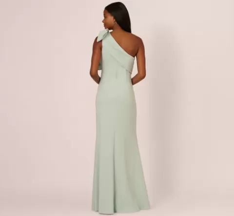 Adrianna Papell Stretch Crepe One Shoulder Mermaid Gown With Bow Accent In Icy Sage ICYSAGE Clearance