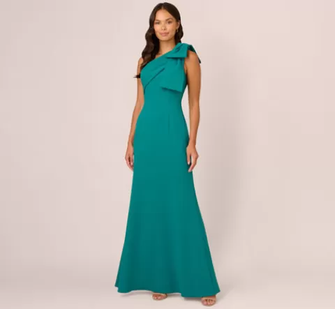 Adrianna Papell Stretch Crepe One Shoulder Mermaid Gown With Bow Accent In Tempo Teal TEMPOTEAL Cheap