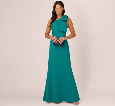 Adrianna Papell Stretch Crepe One Shoulder Mermaid Gown With Bow Accent In Tempo Teal TEMPOTEAL Cheap