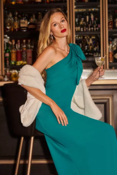 Adrianna Papell Stretch Crepe One Shoulder Mermaid Gown With Bow Accent In Tempo Teal TEMPOTEAL Cheap