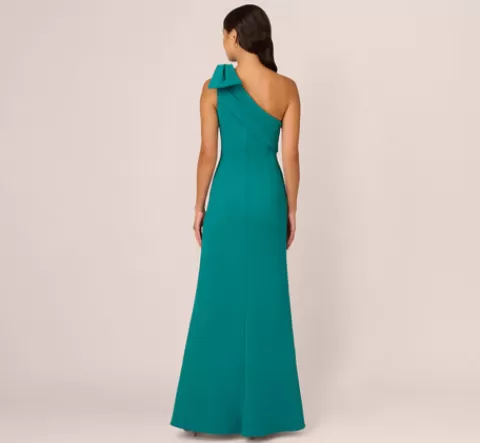Adrianna Papell Stretch Crepe One Shoulder Mermaid Gown With Bow Accent In Tempo Teal TEMPOTEAL Cheap