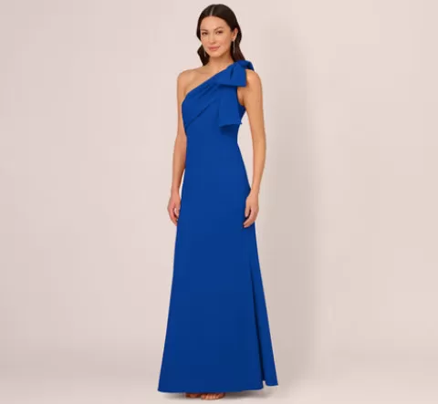 Adrianna Papell Stretch Crepe One Shoulder Mermaid Gown With Bow Accent In Violet Cobalt VIOLETCOBALT Discount