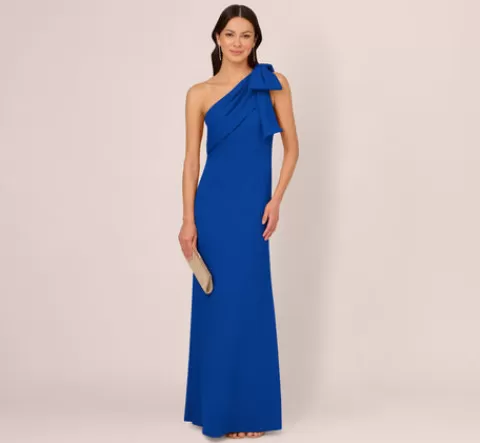 Adrianna Papell Stretch Crepe One Shoulder Mermaid Gown With Bow Accent In Violet Cobalt VIOLETCOBALT Discount