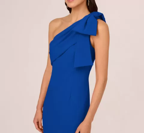 Adrianna Papell Stretch Crepe One Shoulder Mermaid Gown With Bow Accent In Violet Cobalt VIOLETCOBALT Discount