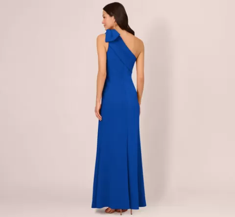 Adrianna Papell Stretch Crepe One Shoulder Mermaid Gown With Bow Accent In Violet Cobalt VIOLETCOBALT Discount