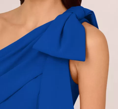 Adrianna Papell Stretch Crepe One Shoulder Mermaid Gown With Bow Accent In Violet Cobalt VIOLETCOBALT Discount