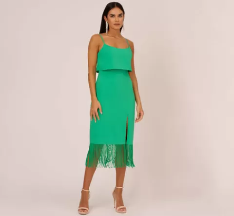 Adrianna Papell Stretch Crepe Popover Midi Dress With Fringe Hem In Summer Green SUMMERGREEN Shop