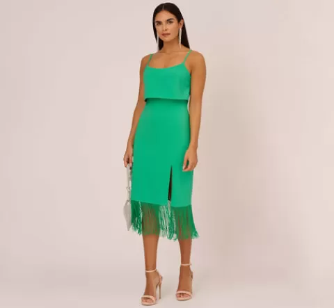 Adrianna Papell Stretch Crepe Popover Midi Dress With Fringe Hem In Summer Green SUMMERGREEN Shop