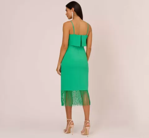 Adrianna Papell Stretch Crepe Popover Midi Dress With Fringe Hem In Summer Green SUMMERGREEN Shop