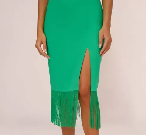 Adrianna Papell Stretch Crepe Popover Midi Dress With Fringe Hem In Summer Green SUMMERGREEN Shop