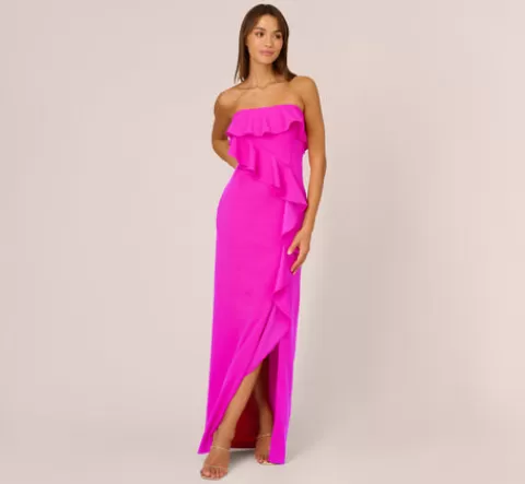 Adrianna Papell Stretch Crepe Strapless Column Gown With Ruffle Details In Pink Flame PINKFLAME Outlet