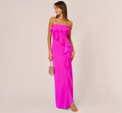 Adrianna Papell Stretch Crepe Strapless Column Gown With Ruffle Details In Pink Flame PINKFLAME Outlet