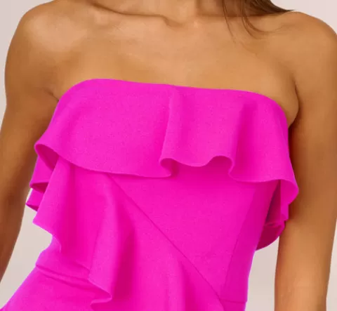 Adrianna Papell Stretch Crepe Strapless Column Gown With Ruffle Details In Pink Flame PINKFLAME Outlet