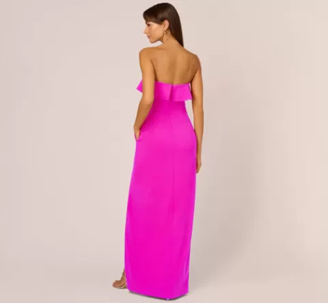 Adrianna Papell Stretch Crepe Strapless Column Gown With Ruffle Details In Pink Flame PINKFLAME Outlet
